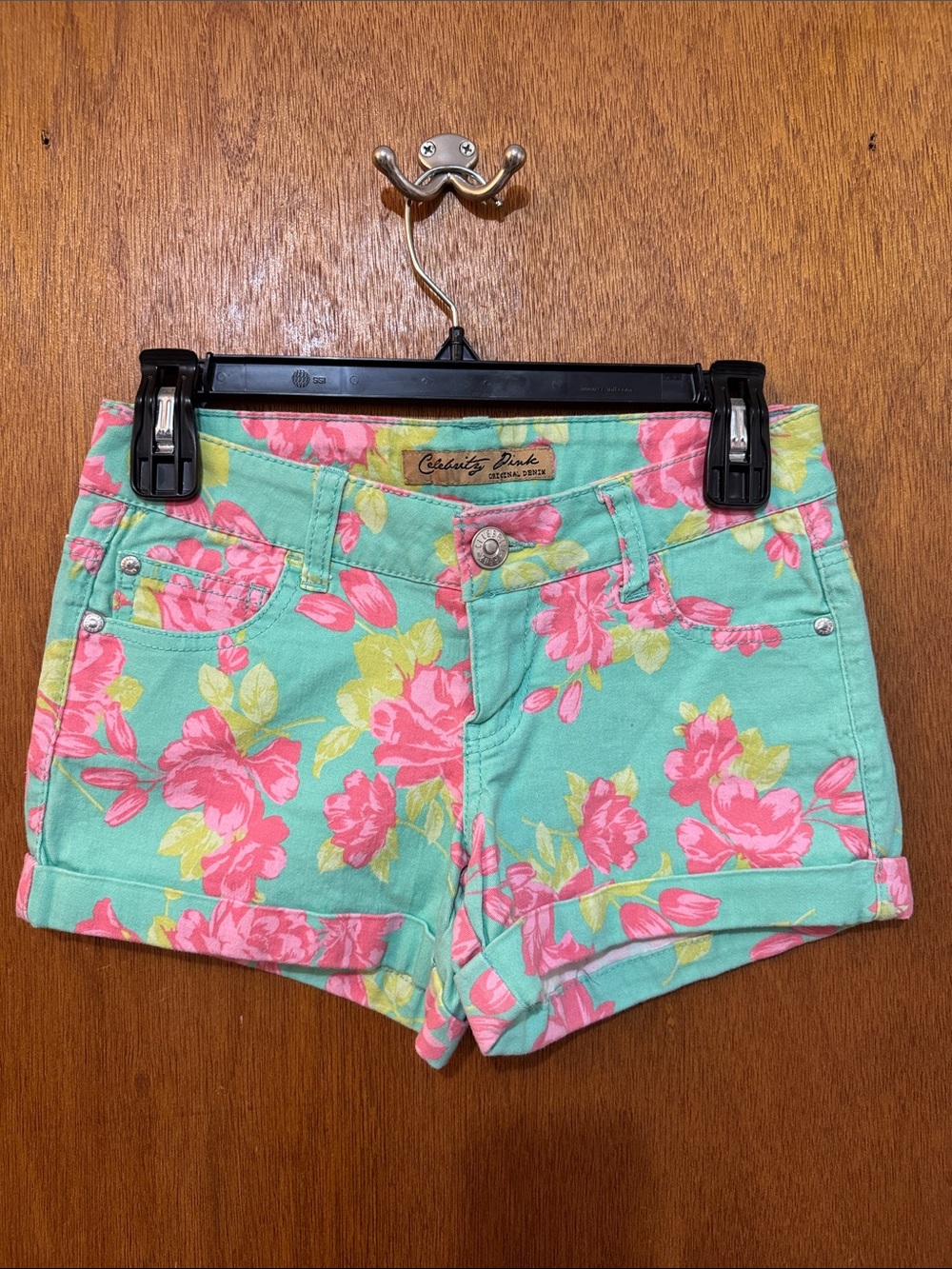 Celebrity Pink Mint Green Floral Denim Shorts